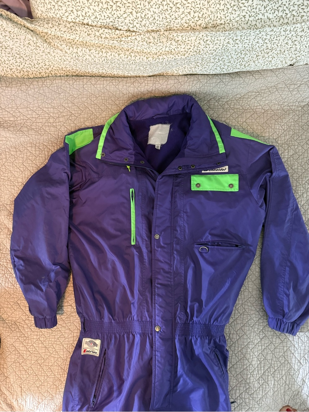 Men's Vintage Schneider Purple and Neon Green Ski One-Piece Snow Suit